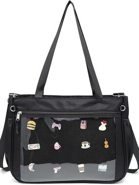 RAINBOW SMILE Tote Ita Bag with Pin Display Pocket bag Nylon BLACK